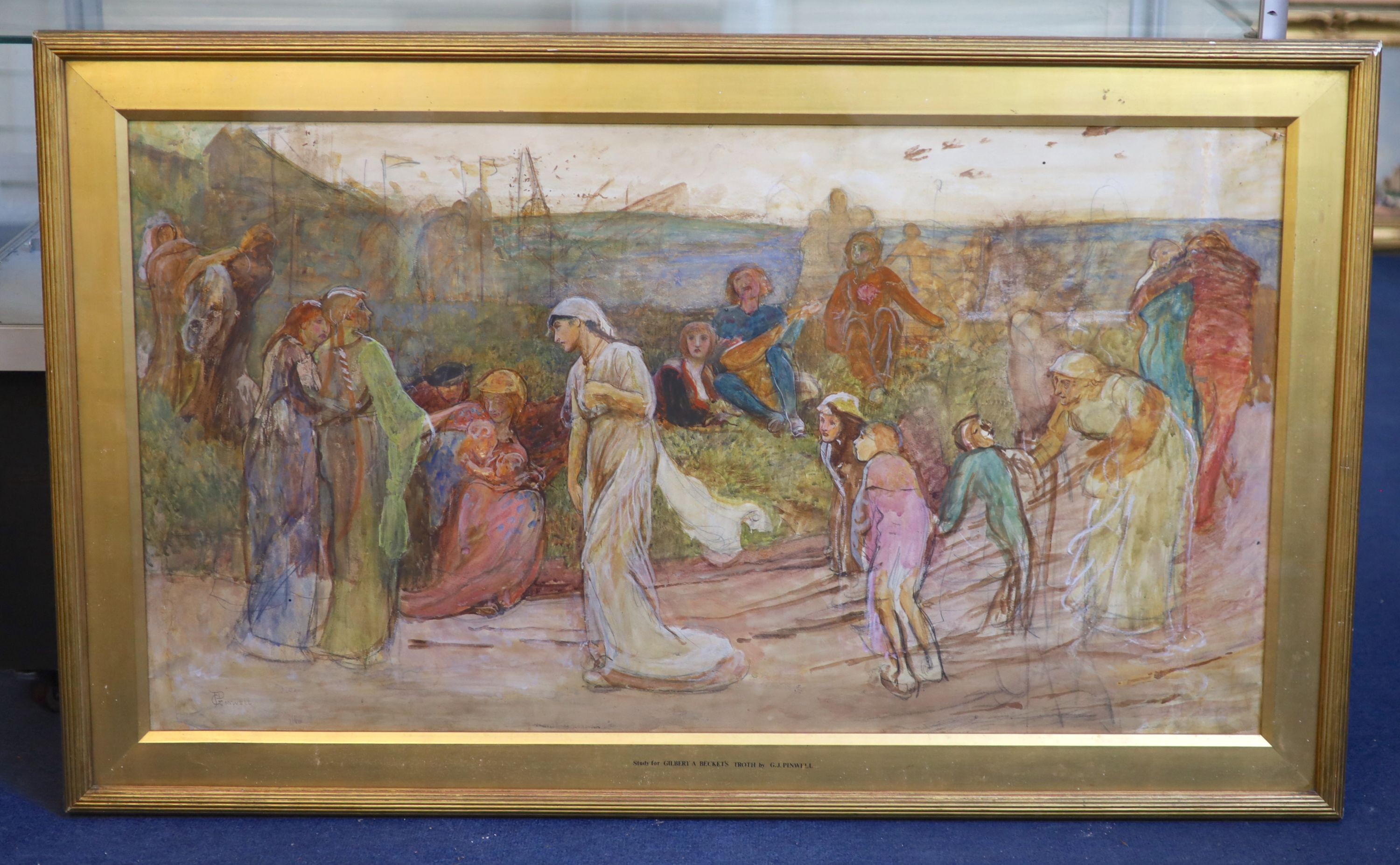George John Pinwell, R.W.S, (1842-1875), Study for Gilbert à Becket's Troth, The Saracen Maiden entering London at Sundown, pencil and watercolour on paper, 53 x 97cm
